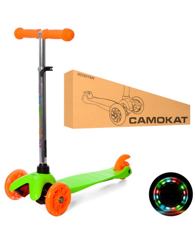 Самокат «MINI» 3-колісний на алюмінієво-пластиковій рамі з колесами ПУ з підсвічуванням, 2 передніх 110 мм, кермо 60-69 см, підніжка 36-11 см, зелений