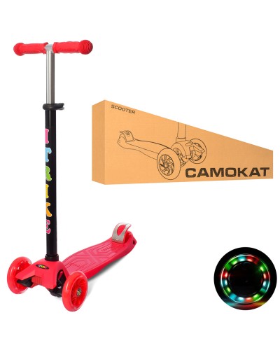 Самокат«MAXI» 3-колісний на метало-пластиковій рамі, колеса ПУ, 2 передніх 120 мм зі світлом, заднє 75 мм, кермо 75-84 см, червоний