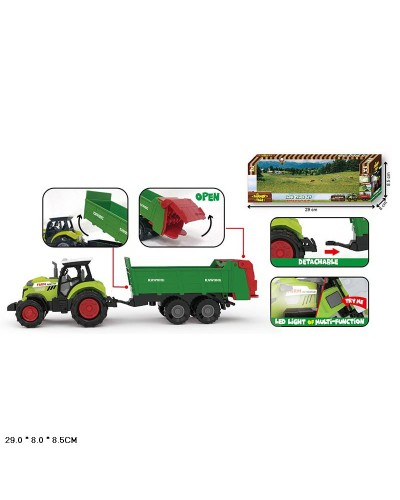 Трактор 15 см з причепом зі світлом та звуком, на батарейці, у коробці 29х9х8 см