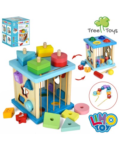 Центр розвивальний 4 в 1 дерев`яний: куб, сортер з 10 фігурками, шнурівка, стукалка, боки-гумки, геометрія з 12 фігур, у коробці 15х18,5х15 см,