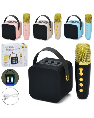 Колонка 8,5х8,5х7 см та мікрофон 13,5 см на акумуляторі зі світлом, Bluetooth, слотом для TF-картки, FM, MP3, в асортименті, у коробці