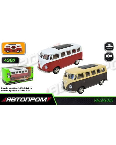 Машина « Volkswagen T1» 1:38 металева з дверима що відкриваються, в асортименті, у коробці 14,5х6,5х7 см, Автопром