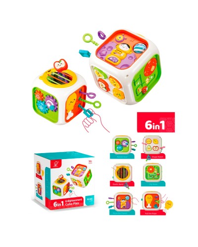 Бізі-куб 14 см 6 в 1з шестернями, сортером, стінками з гуми, 4 фігурками, лабіринтом, диском-перетворювачем та рухомими деталями, у коробці 15х15х14 см