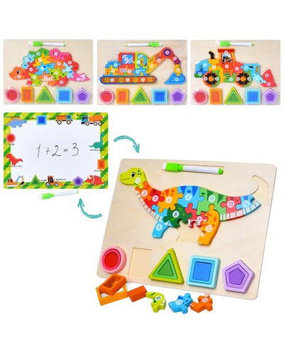 Пазли дерев'яні 2 в 1 на 15 елементів з ігровим полем 30x22,5 см, дошкою для малювання маркером, геометричними фігурами, маркером, в асортименті