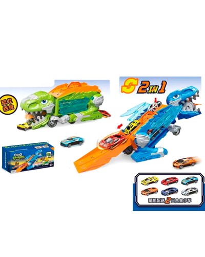 Трейлер «Динозавр» 34 см 2 в 1 з треком 47,5 см, рухомлю щелепою та 2 металевими машинками по 6 см, в асортименті, у коробці 34х15х13 см.