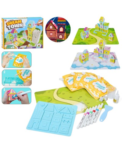 Набір для творчості «Місто мрій. Побудуй будинок» зі світлом: гіпс, формочки, 6 маркерів, інструменти та ігрове поле, на батарейці, у коробці 26х21х7 см