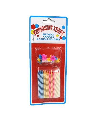 Набір свічок для торта «З Днем Народження» з 24 штук по 0,3х5,3 см та 12 підставок