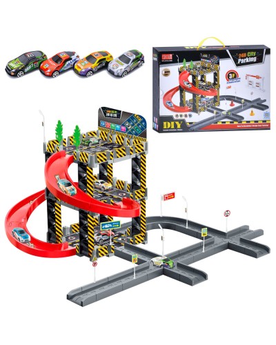 Гараж 62х70х41 см 3-поверховий з 4 машинками по 7 см, дорожніми знаками, у коробці 48х36х10 см