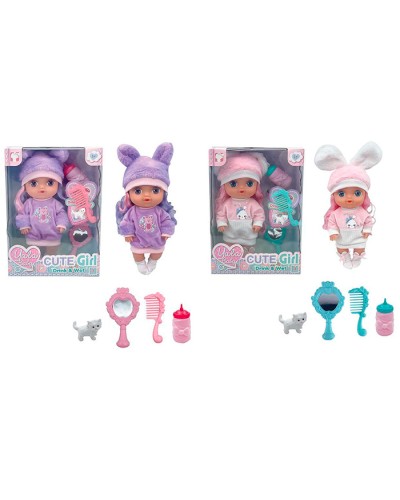 Пупс 30 см п'є-писяє з пляшечкою, гребінецам, дзеркалом та котиком, в асортименті, у коробці 23,5х32,5х10,5 см