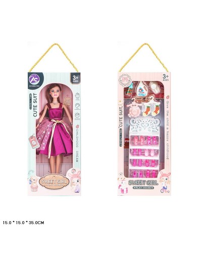 Лялька 30 см у стильній сукні з аксесуарами, у коробці 15х15х35 см