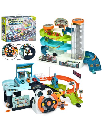 Автотренажер-гараж 2 в 1 музичний зі світлом, ліфтом, рухомими деталями та 6 машинками по 2,5 см, у коробці 39х30х18 см