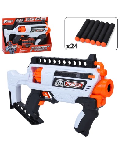 Іграшковий автомат 35 см 24 м'якими кулями, на батарейках, у коробці 37х26х7,5 см.