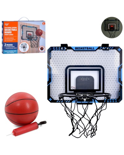 Набір баскетбольний зі світлом та звуком: металеве кыльце 25 см з сіткою, щит 40х30 см, електронний лічильник, таймер, м'яч, насос, на батарейці, у коробці 31х41х5 см