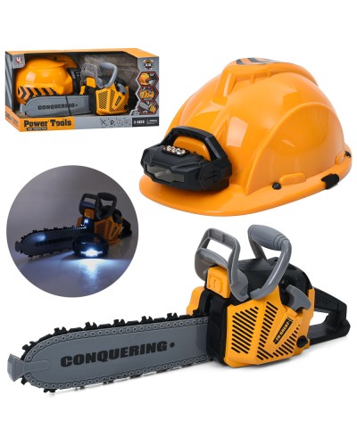 Бензопила 35 см зі звуком, світлом та захисна каска 23 см, на батарейці, у коробці 42х20,5х16,5 см.
