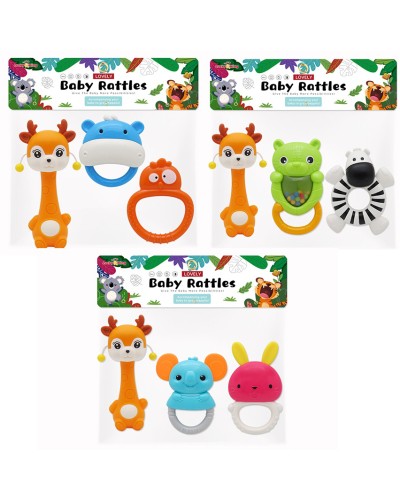 Набір брязкалець «Тваринки» з 3 штук 10-15 см, в асортименті, у пакеті 17х22х5 см