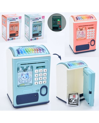 Скарбничка-сейф з кодом 20,5х13,5х11 см зі світлом та звуком, реагує на відбиток пальця, затягує купюри, на батарейці, в асортименті, у коробці 14,5х21х12,5 см.