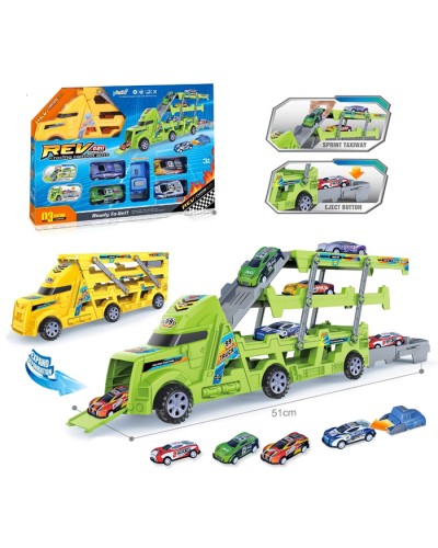 Трейлер 51 см 3 в 1 з теком, гаражем, 4 машинками на запуску, в асортименті, у коробці 35,5х23х7,5 см
