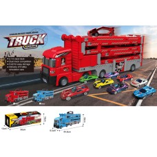 Трейлер 44,5 см інерційний з треком 210 см, рухомими деталями, гумовими колесами, 7 машинками по 7 см, в асортименті, у коробці 50х16х10 см.