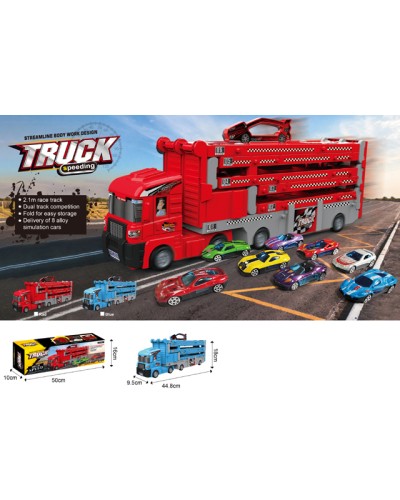 Трейлер 44,5 см інерційний з треком 210 см, рухомими деталями, гумовими колесами, 7 машинками по 7 см, в асортименті, у коробці 50х16х10 см.