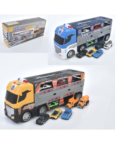 Трейлер 38 см зі звуком, світлом, гумовими колесами, треком та 4 машинками, на батарейці, в асортименті, у коробці 39х17х11 см