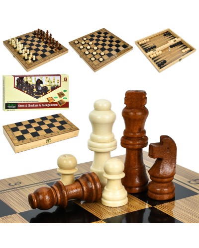 Шахи дерев'яні 3 в 1: ігрове поле 34х33,5 см та дерев'яні фігури, у коробці 34,5х18х5 см.