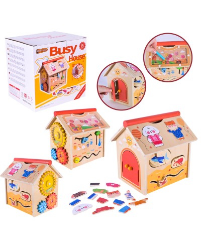 Бізіборд «Будиночок» дерев'яний з рухомими деталями, у коробці 21х17,5х21 см