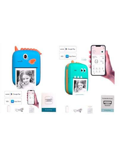 Міні-термопринтер «Динозавр» портативний 8х11х4 см з Bluetooth, APP, акумулятором, USB та папером, в асортименті, у коробці 9х12х5 см.