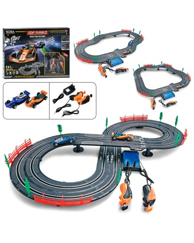 Трек 280/100х50х12 см р/к на шнурі та 2 пультах, 2 машинки 1:43, від мережі 220 V, у коробці 46х38х7 см