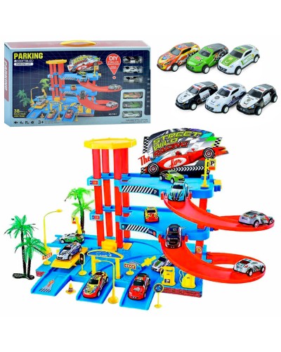 Гараж 3-поверховий на 38 деталей з 6 машинками та дорожніми знаками, в асортименті, у коробці 48,5х28х7 см