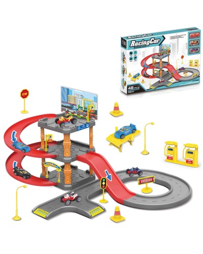 Гараж 3-поверховий на 32 деталі з 3 машинками від 6 см та дорожніми знаками, у коробці 40х27,5х5,5 см