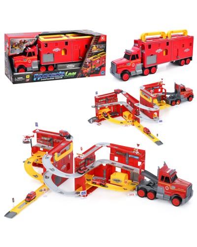 Гараж-трейлер 2 в 1 з причепом 59 см зі світлом, звуком, транспортом та дорожніми знаками, на батарейці, у коробці 61х26х18,5 см