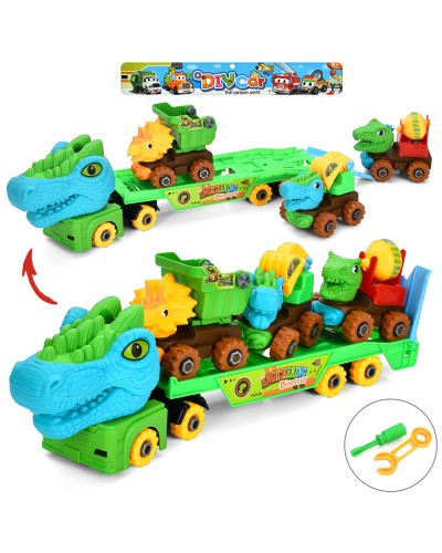 Конструктор «Трейлер-динозавр» 42 см на гвинтах з 3 машинками-динозаврами та, викруткою, у пакеті 50х22х9 см