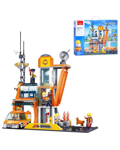 Конструктор «Пожежна частина» 27,5 см на 407 деталей з транспортом та фігурками, у коробці 42,5х33х7 см, SLUBAN