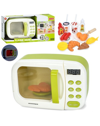 Мікрохвильова піч 34х16,5х11 см зі світлом, звуком, електронним табло, таймером, посудом та продуктами, на батарейці, у коробці 34х16,5х11 см.