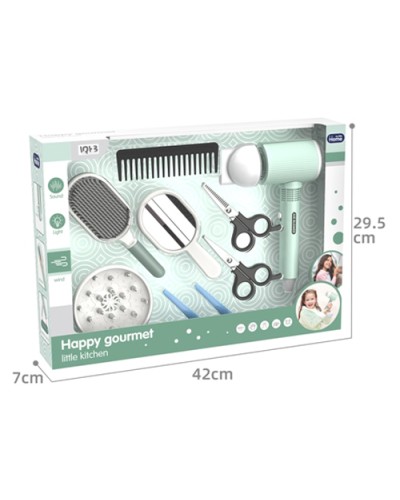 Набір перукаря: фен для волосся, дзеркало, гребінець, ножиці, на батарейці, у коробці 42х29,5х7 см