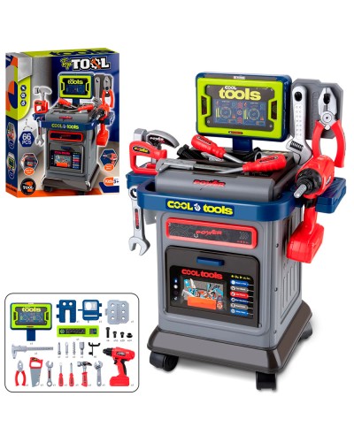 Набір інструментів на 41 елемент: тачка 43х25х53,5 см, 4 колеса, шуруповерт з обертовим свердлом, молоток, пила, гайкові ключі, викрутки, на батарейці, у коробці 39х49х10,5 см