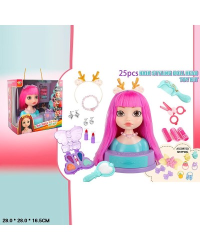 Манекен для зачісок з аксесуарами для волосся, тінями, помадою, дзеркальцем, у коробці 28х28х16,5 см