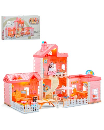 Будиночок 50х73х45 см 2-поверховий на 176 деталей зі світлом, парою, меблями та лялькою, на батарейці, у коробці 61х37х13,5 см