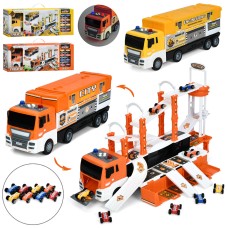 Трейлер 42 см інерційний з гаражем-треком 50х38х31 см зі звуком, світлом, 8 машинками по 4,5 см, на батарейці, в асортименті, у коробці 58,5х22х15 см