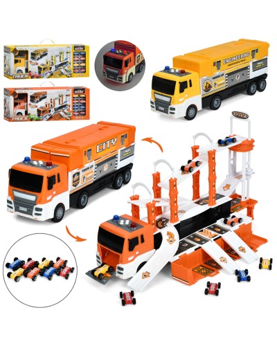 Трейлер 42 см інерційний з гаражем-треком 50х38х31 см зі звуком, світлом, 8 машинками по 4,5 см, на батарейці, в асортименті, у коробці 58,5х22х15 см