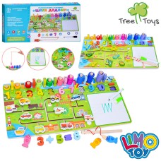 Бізідошка «Шлях додому» дерев`яна: ігрове поле 45х23 см, лабіринт, магнітна риболовля, дошка для малювання, кільця, маркет, 2 види транспорту, у коробці 46х23х4 см