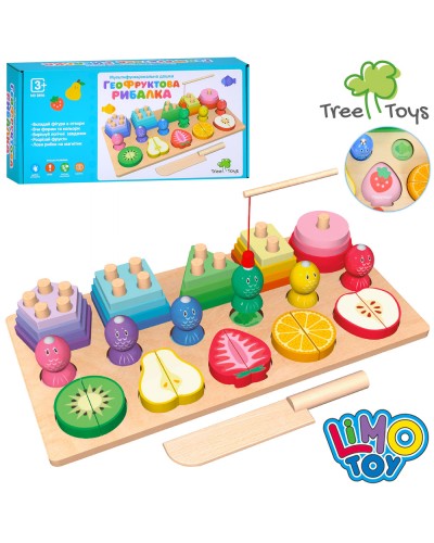 Бізідошка «Геофруктова рибалка» дерев`яна: ігрове поле 30х15,5 см, геометрика, 5 магнітних фруктів-пазлів магнітні, ніж, риболовля, у коробці 32,5х16,5х6,5 см