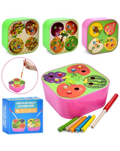 Риболовля «Витягни гусінь» дерев'яна магнітна: ігрове поле 15х15х6 см, 1 вудка та 12 гусениць, в асортименті, у коробці 16,5х16х7 см