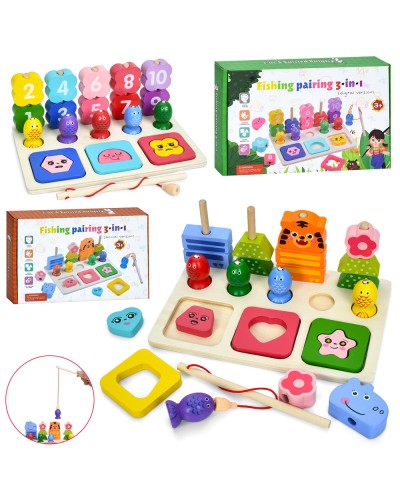 Бізідошка 3 в 1 дерев'яна: ігрове поле, пірамідки, магнітна риболовля, пазли,в асортименті, у коробці 24х15,5х5 см