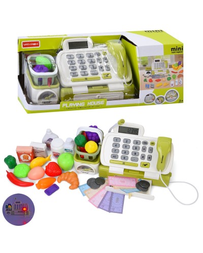 Касовий апарат 27х11х14,5 см см зі світлом, звуком, калькулятором, мікрофоном, сканером. вагами та набором продуктів, на батарейці, у коробці 41х16,5х14,5 см