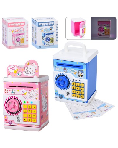 Скарбничка-сейф 12,5х18х11,58 см музична зі світлом, звуком, кодом, відбитком, затягує купюри, на батарейці, в асортименті, у коробці 14х18,5х14 см