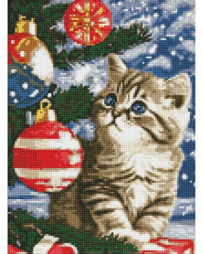 Набір з алмазною мозаїкою «Кошеня під ялинкою» 30х40 см зі стразами AB, ТМ Ідейка