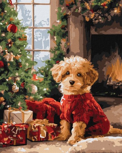 Картина за номерами «Пудель біля ялинки» 40х50 см, ТМ Ідейка