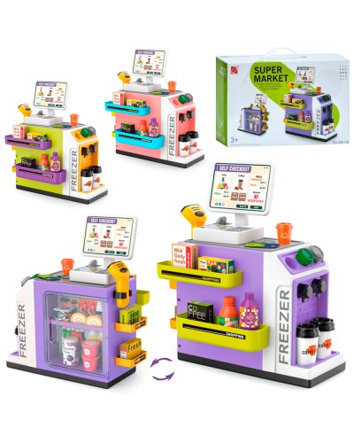 Дитячий супермаркет з 46 елементів зі світлом та звуком: прилавок, каса, сканер, кавоварка з водою, продукти, гроші, на батарейці, в асортименті, у коробці 41х25,5х13 см.