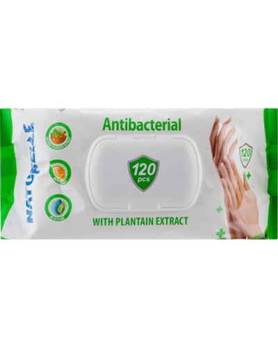 Серветки вологі «Антибактеріальні з екстрактом листя подорожника» 120 шт, ТМ Naturelle